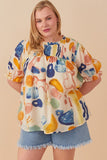 HY6811 Yellow Mix Womens Textured Smock Detail Ruffle Top Front