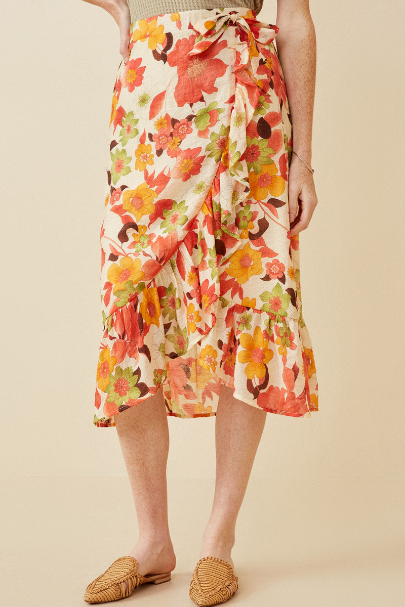 Textured Bold Floral Asymmetric Ruffle Tie Skirt