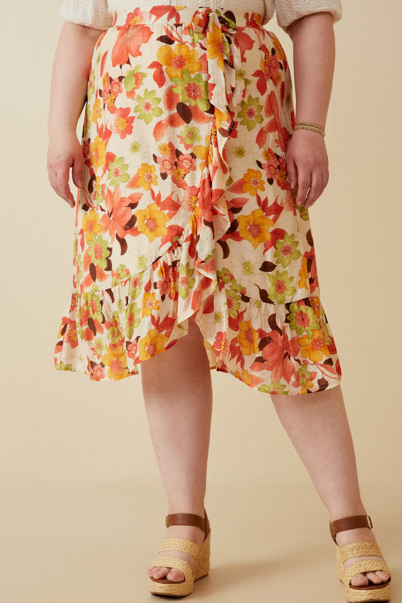 Textured Bold Floral Asymmetric Ruffle Tie Skirt