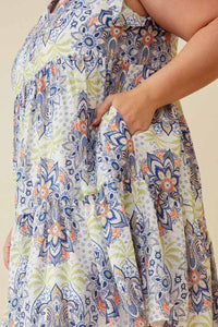 HY6823W BLUE Plus Textured Floral Mandala Print Ruffled Tank Dress Front