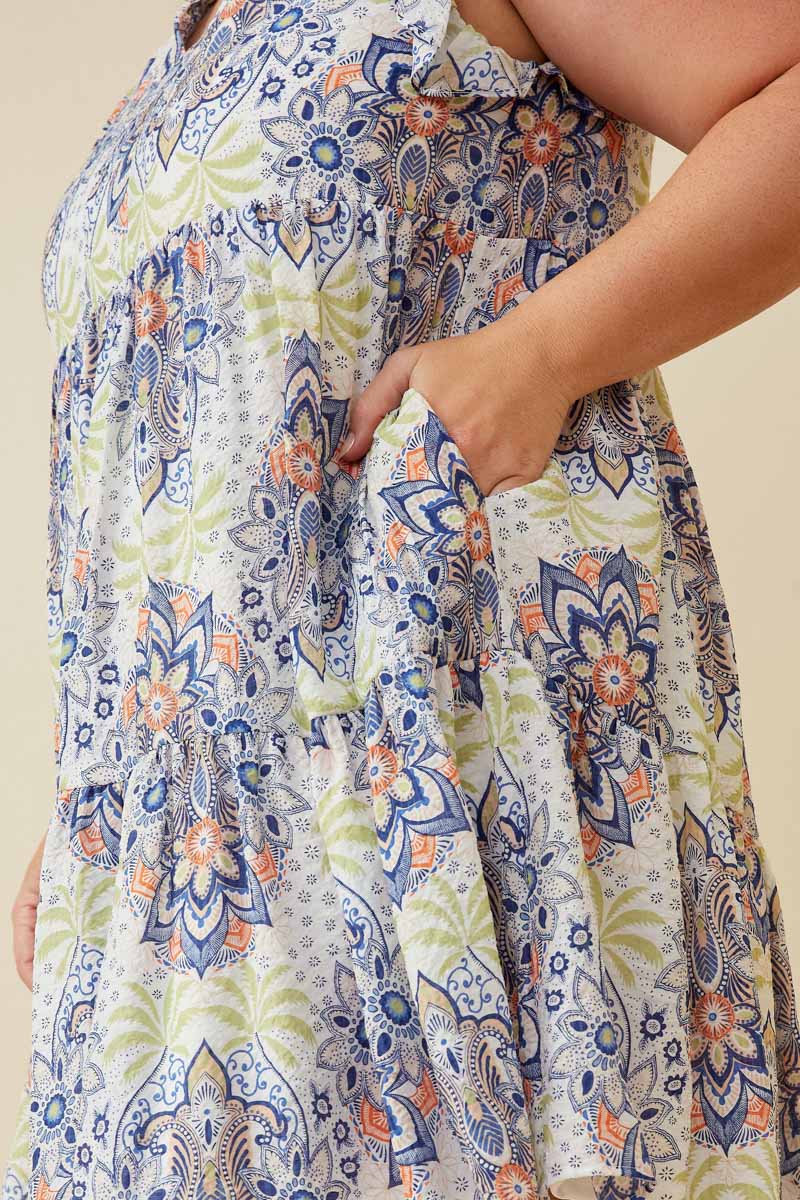 HY6823W BLUE Plus Textured Floral Mandala Print Ruffled Tank Dress Front