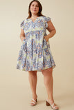 HY6823W BLUE Plus Textured Floral Mandala Print Ruffled Tank Dress Back