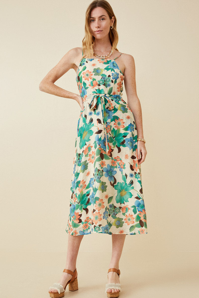 HY6827 GREEN Womens Textured Bold Floral Smocked Back Dress Full Body