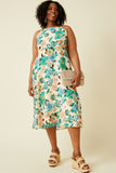 HY6827 GREEN Womens Textured Bold Floral Smocked Back Dress Front