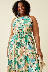 HY6827W Green Plus Textured Bold Floral Smocked Back Dress Front