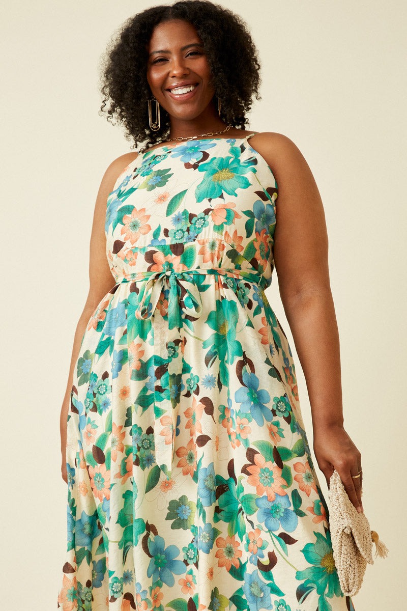 HY6827W Green Plus Textured Bold Floral Smocked Back Dress Front