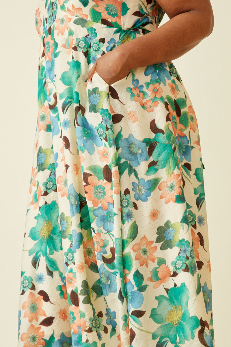 HY6827W Green Plus Textured Bold Floral Smocked Back Dress Detail