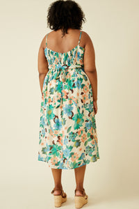 HY6827W Green Plus Textured Bold Floral Smocked Back Dress Back