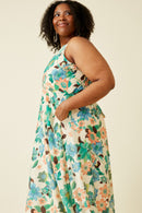 HY6827W Green Plus Textured Bold Floral Smocked Back Dress Side