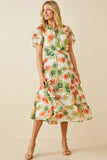 Floral Print Ruffle Neck Layered Sleeve Dress