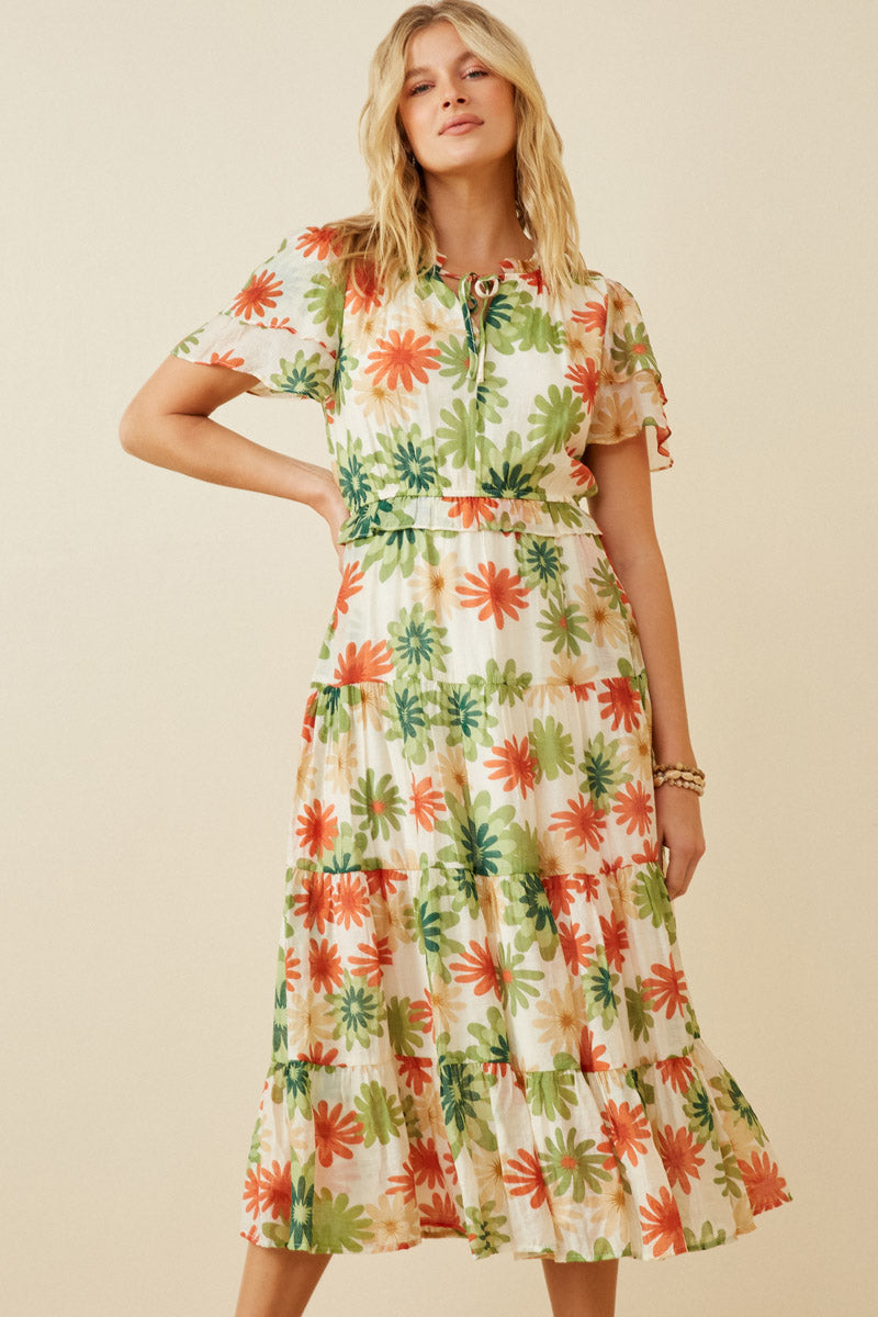 HY6829W GREEN Plus Floral Print Ruffle Neck Layered Sleeve Dress Front