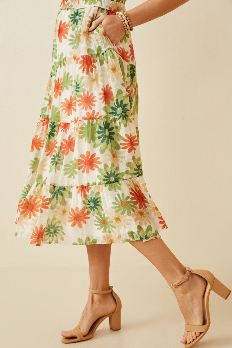 HY6829W GREEN Plus Floral Print Ruffle Neck Layered Sleeve Dress Back