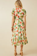 HY6829W GREEN Plus Floral Print Ruffle Neck Layered Sleeve Dress Side