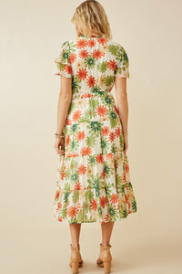 HY6829W GREEN Plus Floral Print Ruffle Neck Layered Sleeve Dress Side