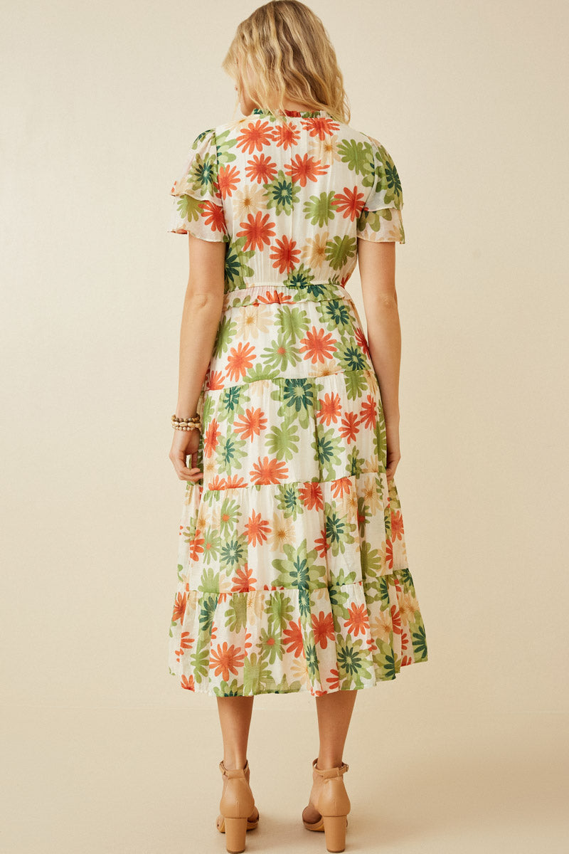 HY6829W GREEN Plus Floral Print Ruffle Neck Layered Sleeve Dress Side