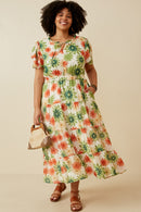 HY6829W Green Plus Floral Print Ruffle Neck Layered Sleeve Dress Front
