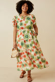 HY6829W Green Plus Floral Print Ruffle Neck Layered Sleeve Dress Front