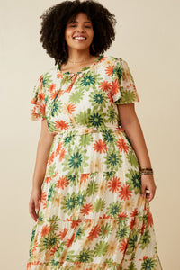 HY6829W Green Plus Floral Print Ruffle Neck Layered Sleeve Dress Side
