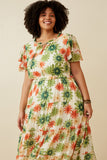 HY6829W Green Plus Floral Print Ruffle Neck Layered Sleeve Dress Pose