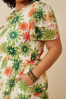 HY6829W Green Plus Floral Print Ruffle Neck Layered Sleeve Dress Back