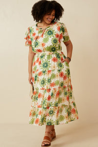 HY6829W GREEN Plus Floral Print Ruffle Neck Layered Sleeve Dress Full Body