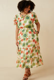 HY6829W GREEN Plus Floral Print Ruffle Neck Layered Sleeve Dress Full Body
