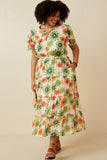 HY6829W Green Plus Floral Print Ruffle Neck Layered Sleeve Dress Pose
