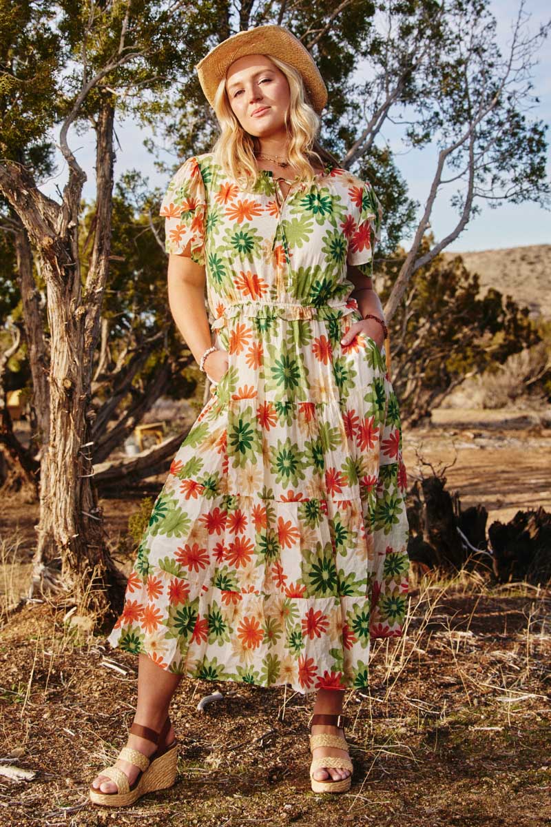 Floral Print Ruffle Neck Layered Sleeve Dress