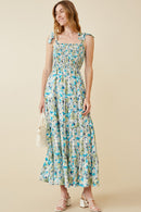 HY6830 BLUE Womens Floral Smoccked Bodice Tie Shoulder Dress Full Body