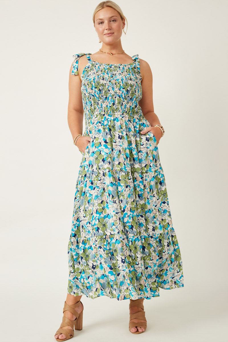 Floral Smocked Bodice Tie Shoulder Dress