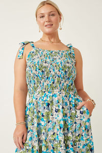 HY6830 BLUE Womens Floral Smoccked Bodice Tie Shoulder Dress Side