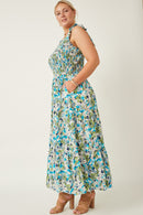 HY6830W Blue Womens Floral Smoccked Bodice Tie Shoulder Dress Detail
