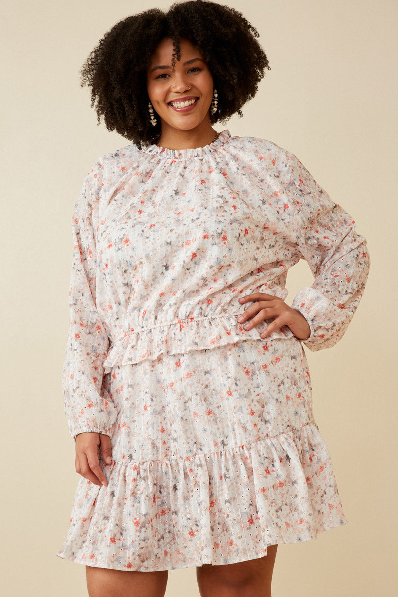 Eyelet Embroidered Floral Cinch Waist Top