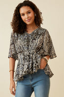 HY6839 BLACK Womens Paisley Print Dolman Peplum Top Front