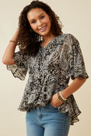 HY6839 Black Plus Paisley Print Dolman Peplum Top Front