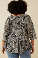 HY6839W Black Plus Paisley Print Dolman Peplum Top Back