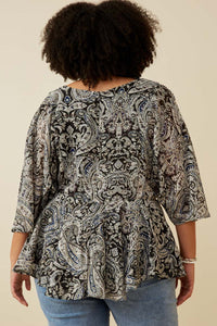 HY6839W Black Plus Paisley Print Dolman Peplum Top Back