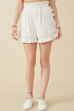 HY6846 OFF WHITE Womens Ruffle Trimmed Elastic Waist Soft Shorts Front