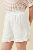 HY6846W OFF WHITE Plus Ruffle Trimmed Elastic Waist Soft Shorts Front