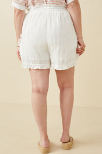 HY6846 OFF WHITE Womens Ruffle Trimmed Elastic Waist Soft Shorts Gif
