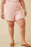 HY6846 PINK Womens Ruffle Trimmed Elastic Waist Soft Shorts Side