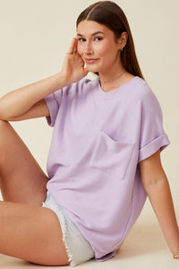 HY6856 Lavender Womens Textured Dolman Sleeve Pocket Tee Pose