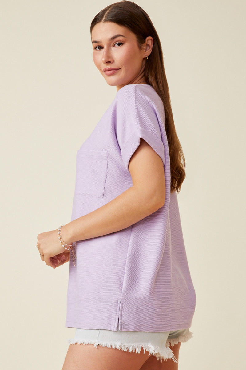 HY6856 Lavender Womens Textured Dolman Sleeve Pocket Tee Full Body