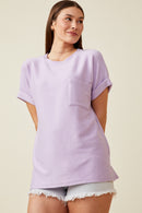 HY6856 Lavender Womens Textured Dolman Sleeve Pocket Tee Back