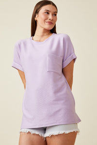 HY6856 Lavender Womens Textured Dolman Sleeve Pocket Tee Back