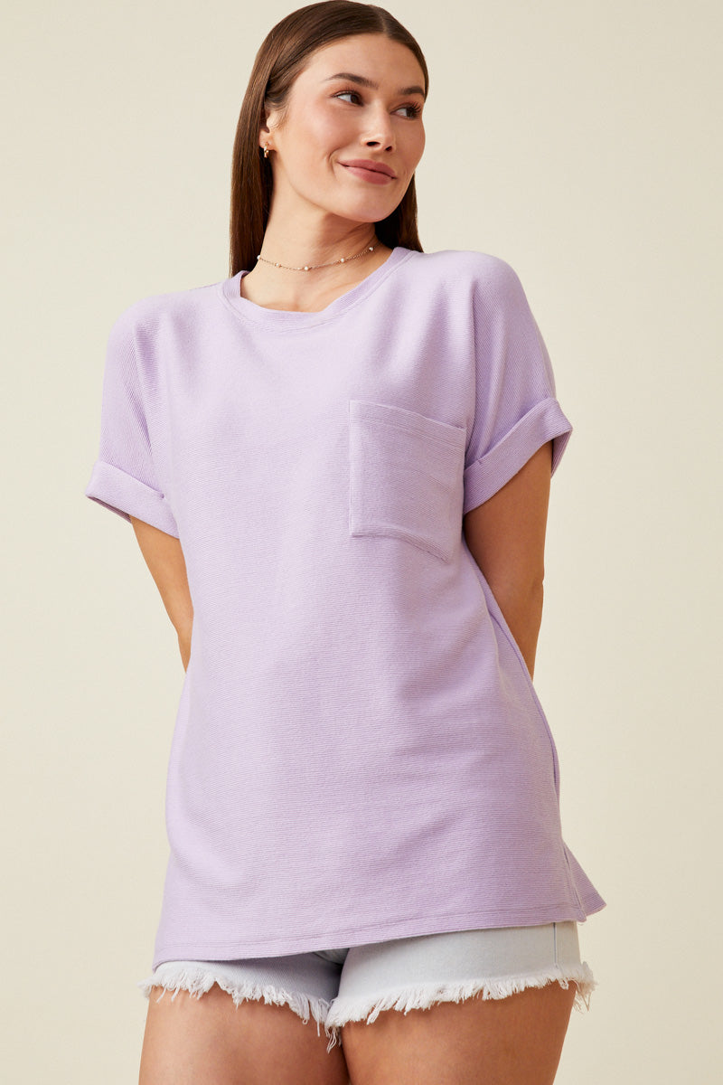 HY6856 Lavender Womens Textured Dolman Sleeve Pocket Tee Back