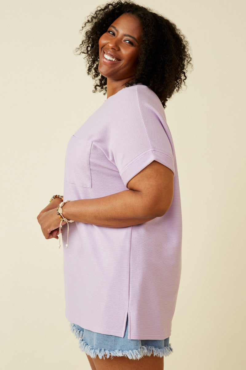 HY6856W Lavender Plus Textured Dolman Sleeve Pocket Tee Front 2