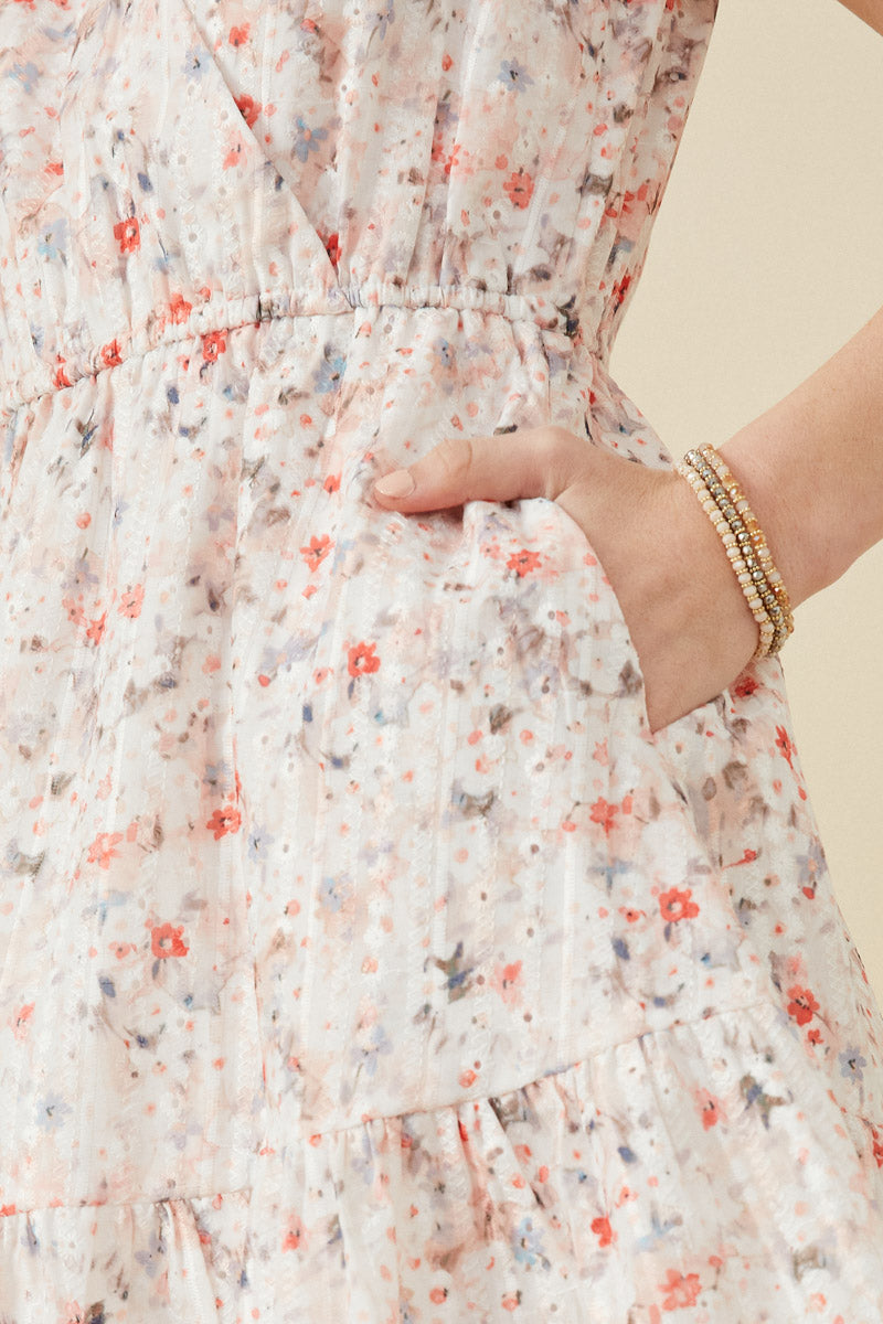 HY6858 PEACH Womens Floral Print Eyelet Ruffle Tank Dress Front 2