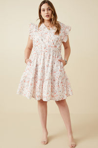 HY6858W PEACH Plus Floral Print Eyelet Ruffle Tank Dress Front