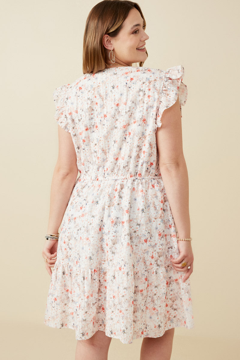 HY6858 PEACH Womens Floral Print Eyelet Ruffle Tank Dress Full Body